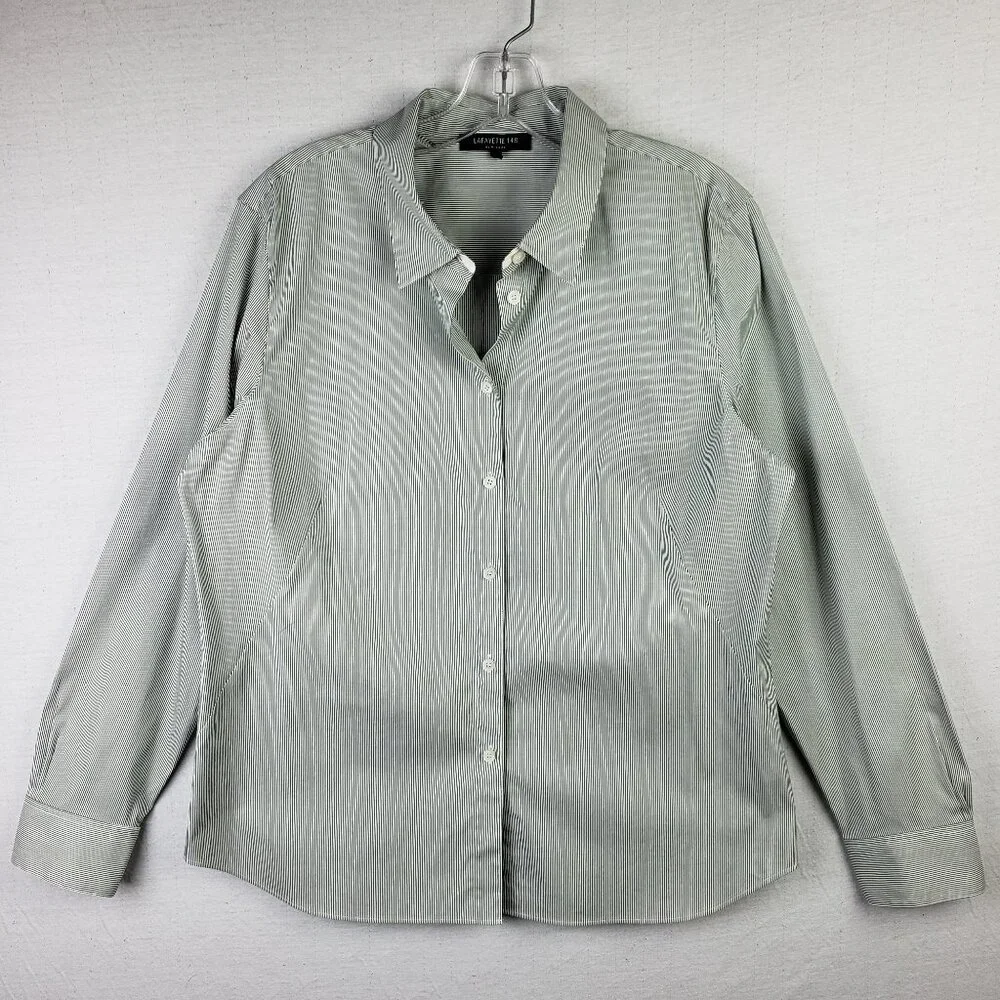 Lafayette 148 NY Striped Button Down Shirt Cotton Blend Stretch Green size 12 - Picture 2 of 12
